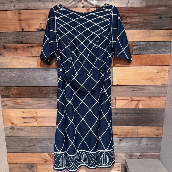 eShakti Embellished Cotton Chambray Belted Short Sleeve Midi Dress Modest Dressy - Picture 2 of 14